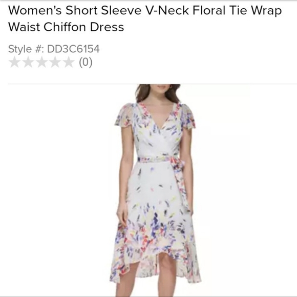 DKNY Women's Short Sleeve V-Neck Floral Tie Wrap Waist Chiffon Dress - Picture 1 of 4